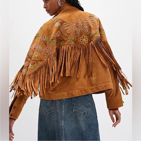 Free People Willa Western Bomber Tan Leather Jacket with Fringe Embroidery - Picture 2 of 11
